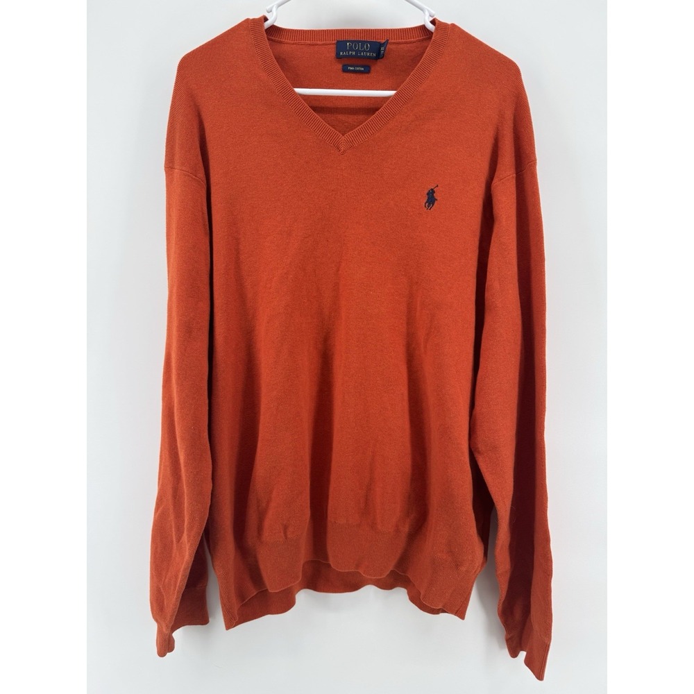 Polo Ralph Lauren sweater  V-neck L Men's  XXL Blue Pony 100% Pima Cotton Orange